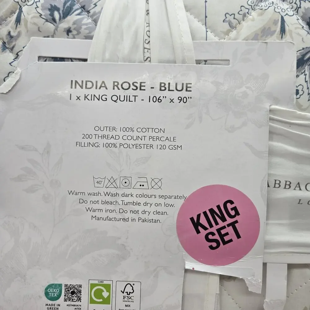 Cabbages & Roses KING Quilt India Rose Grey Blue White Floral Embroidered Cottag